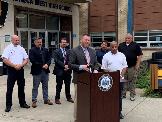 Pictured with Speaker Heastie at West Seneca West Senior High School is Assemblymember Burke, West Seneca West Senior High School officials, Orchard Park School officials and local law enforcement.